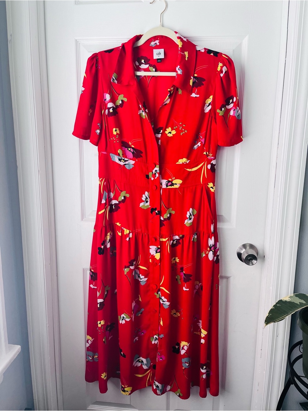 CAbi Red Floral Button-Front Midi Dress